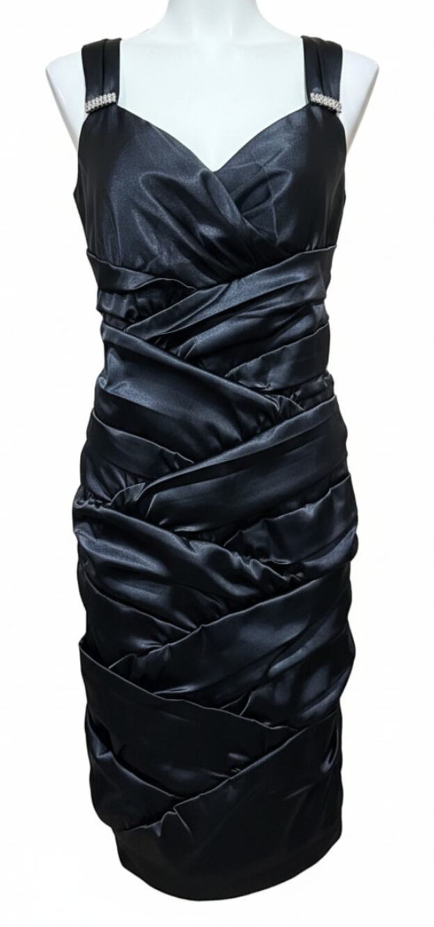 Bisou Bisou Cocktail Dress Size 6 Black Satin Ruched Bodycon Sleeveless Party